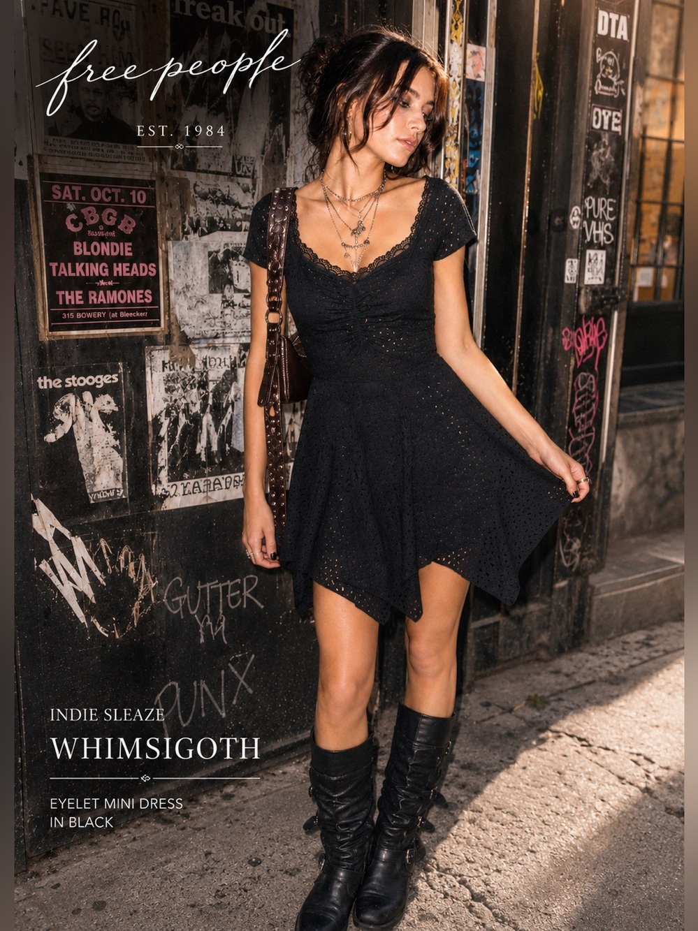 Free People Black Eyelet Fairy Grunge Mini Dress S Goth Coquette Indie Sleaze H